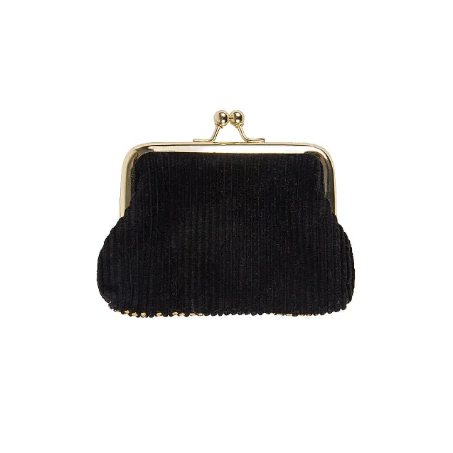 Corduroy Clip Closure Coin Purse | Black/Gold