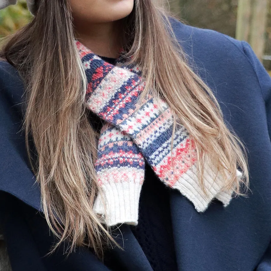 Fairisle Pull Through Scarf | Coral Pink & Navy Blue