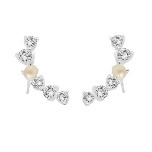 Halo Pearl CZ & Pearl Crawler Earrings | Silver Plated