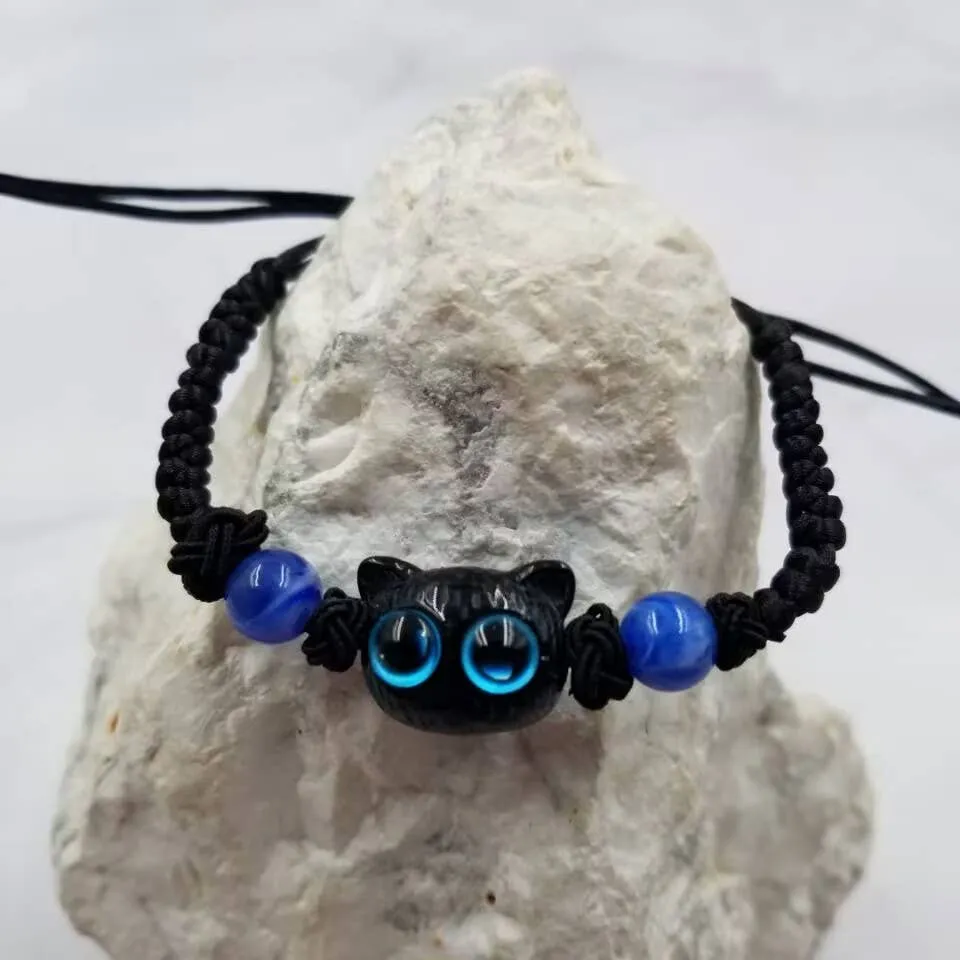 Handmade Woven Black Cat Bracelet - Halloween