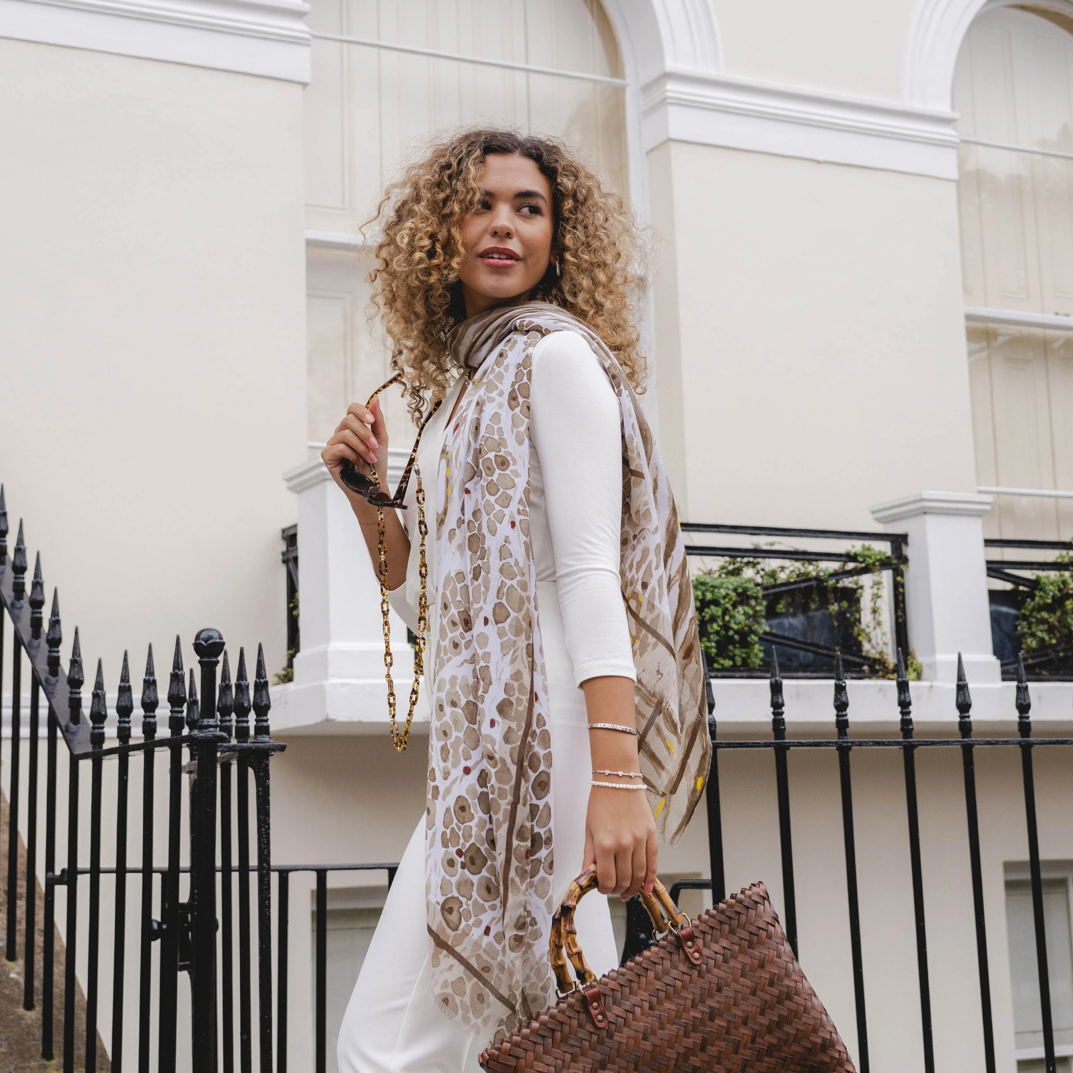 Lightweight Abstract Animal Print Scarf | Beige & White