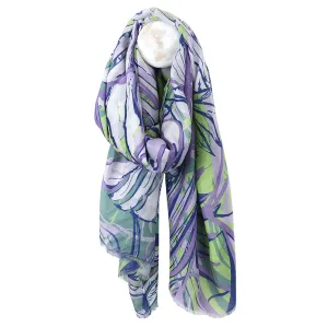Lightweight Abstract Tropical Leaf Print Scarf | Blue & Green