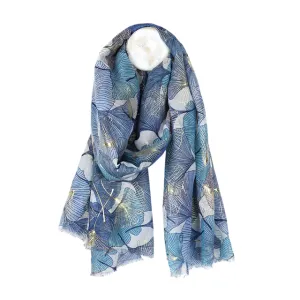 Lightweight Gingko Leaf Print Scarf with Metallic Foil | Blue