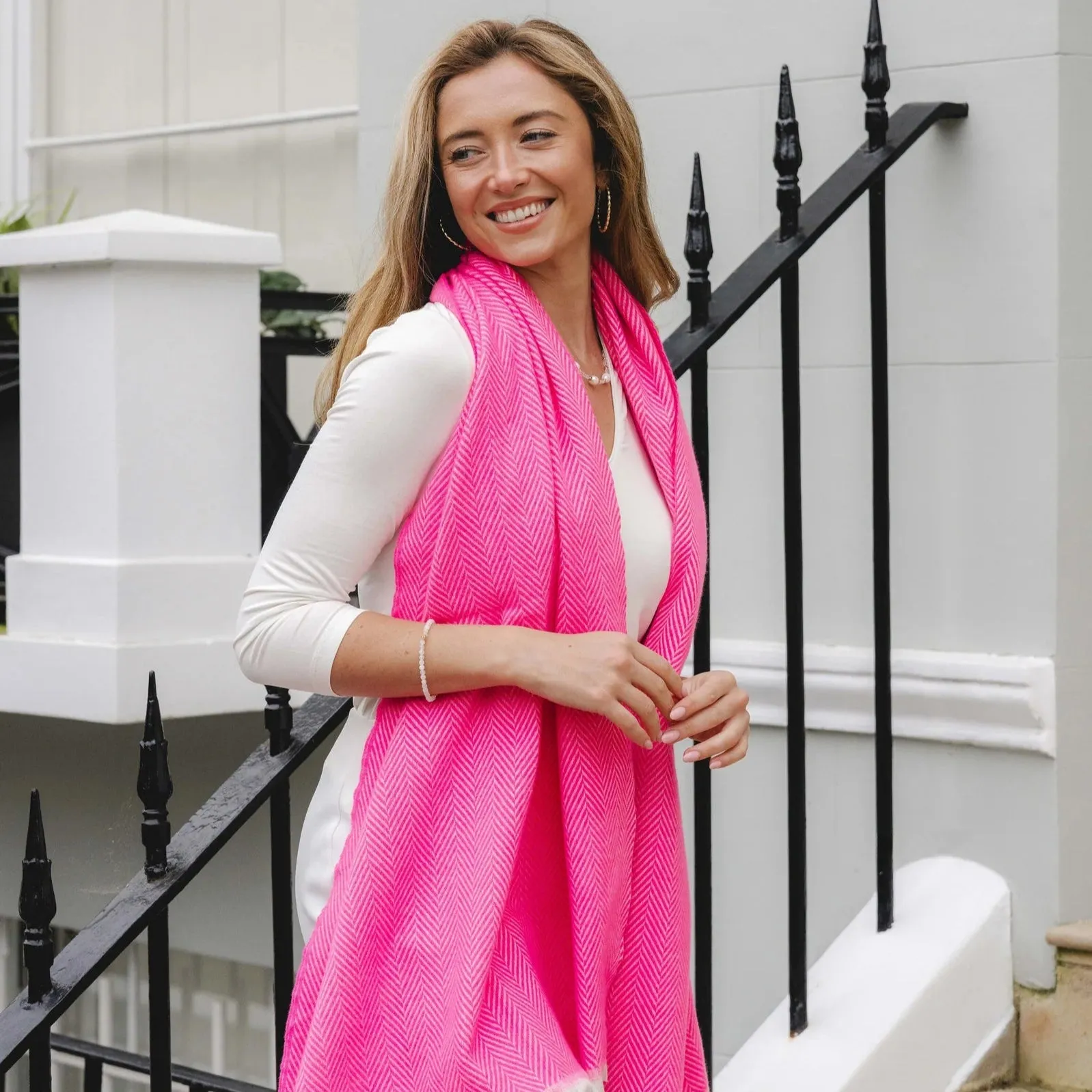 Lightweight Herringbone Scarf with Fringe | Pink