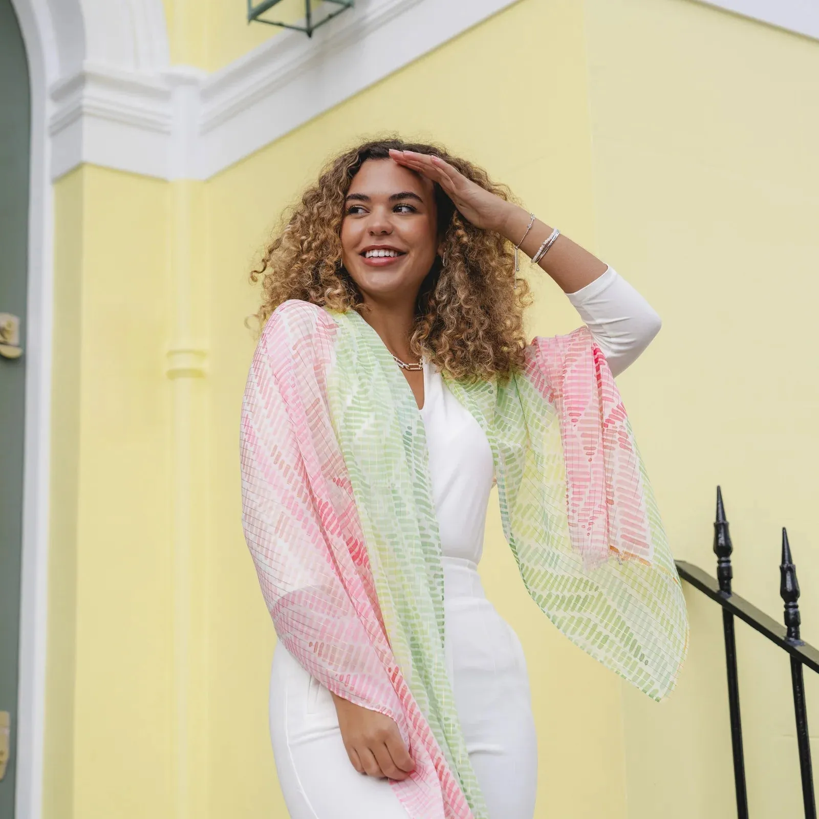 Lightweight Spot Mosaic Print Scarf | Pink & Green