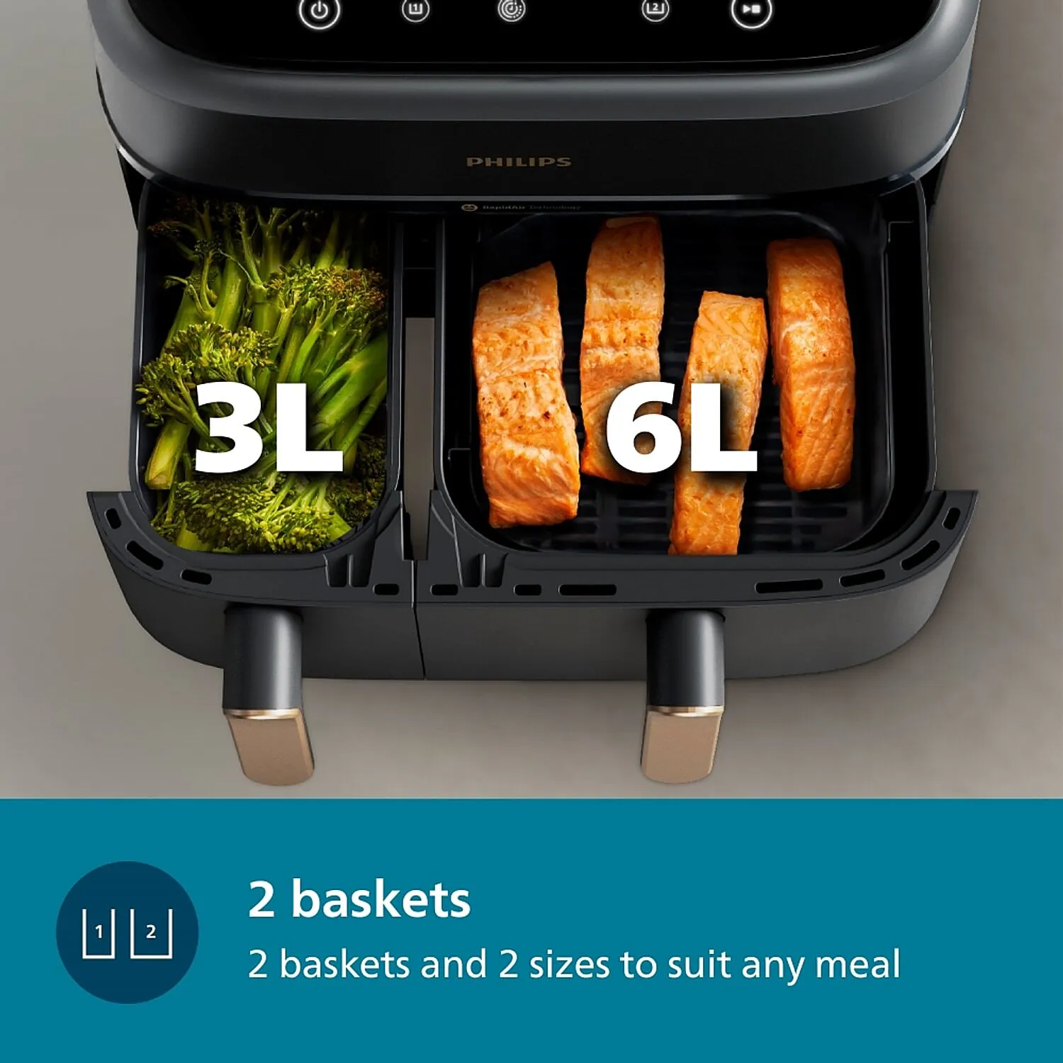 Philips 9L Airfryer with Dual Baskets for Full Tray Cooking & 8 Preset Menus - NA352/00