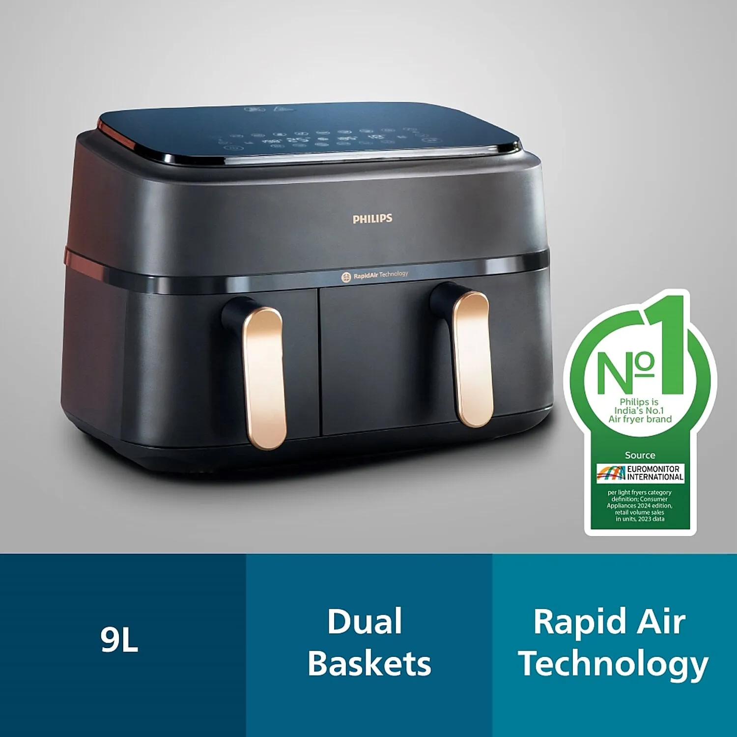 Philips 9L Airfryer with Dual Baskets for Full Tray Cooking & 8 Preset Menus - NA352/00