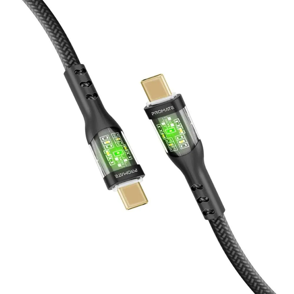 Promate TransLine-CC USB-C to USB-C Transparent Data & Charge Cable 1.2M Black