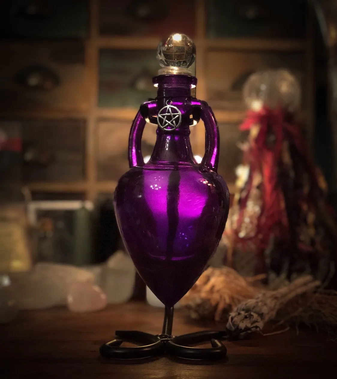 Thorn & Moon Magick Potion Bottle - Purple Glass Vessel with Stand - Pentagram Charm
