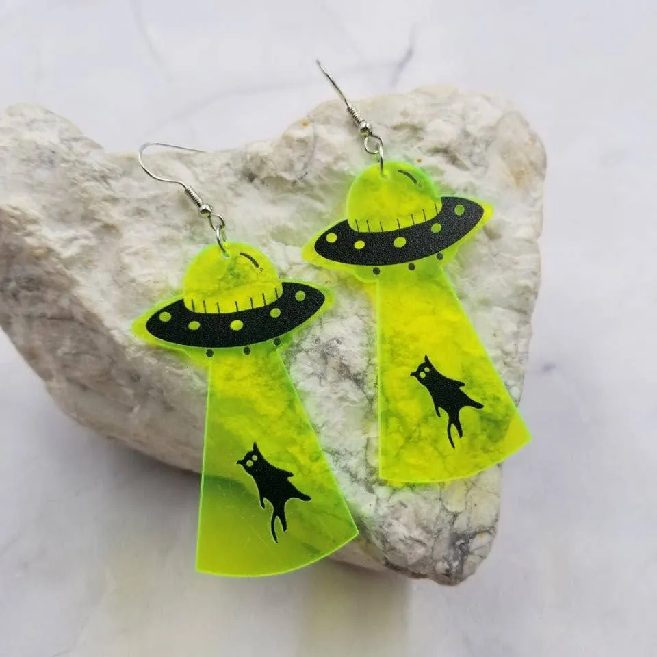 Translucent UFO Black Cat Earrings - Halloween