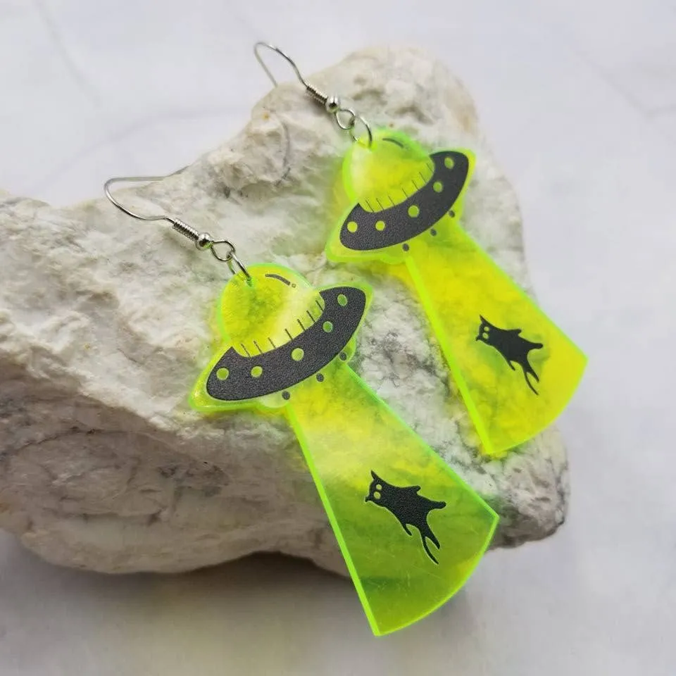 Translucent UFO Black Cat Earrings - Halloween