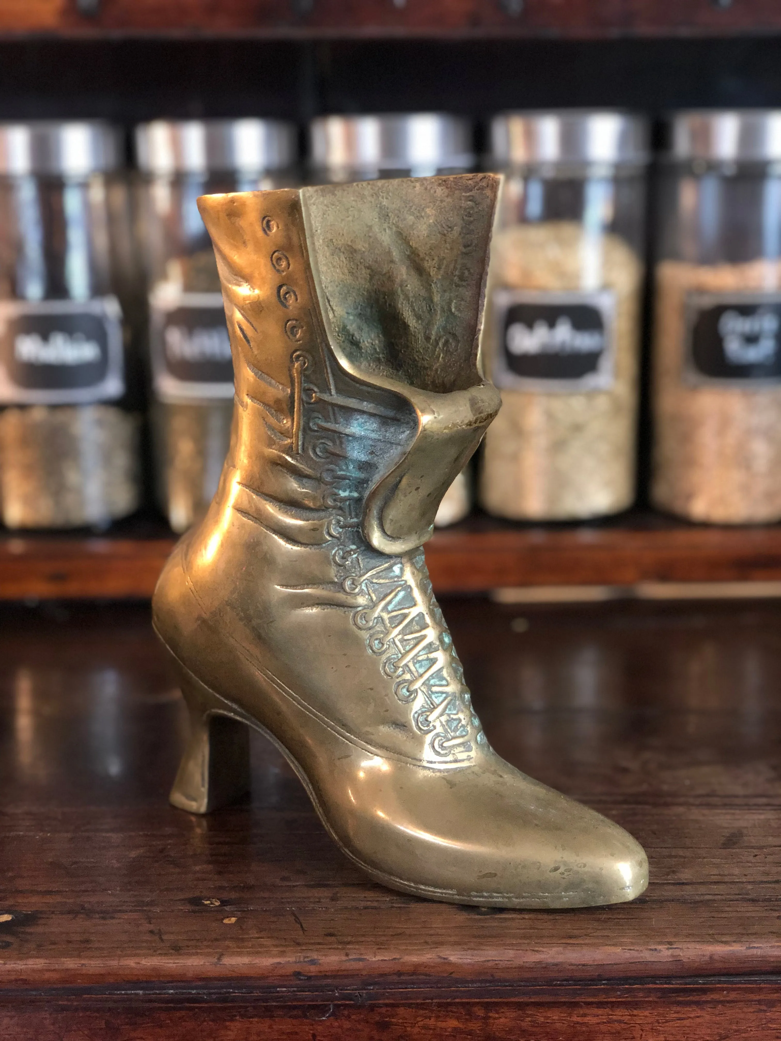 Vintage Brass Heavy Boot - Victorian / Edwardian lace up style - Vase