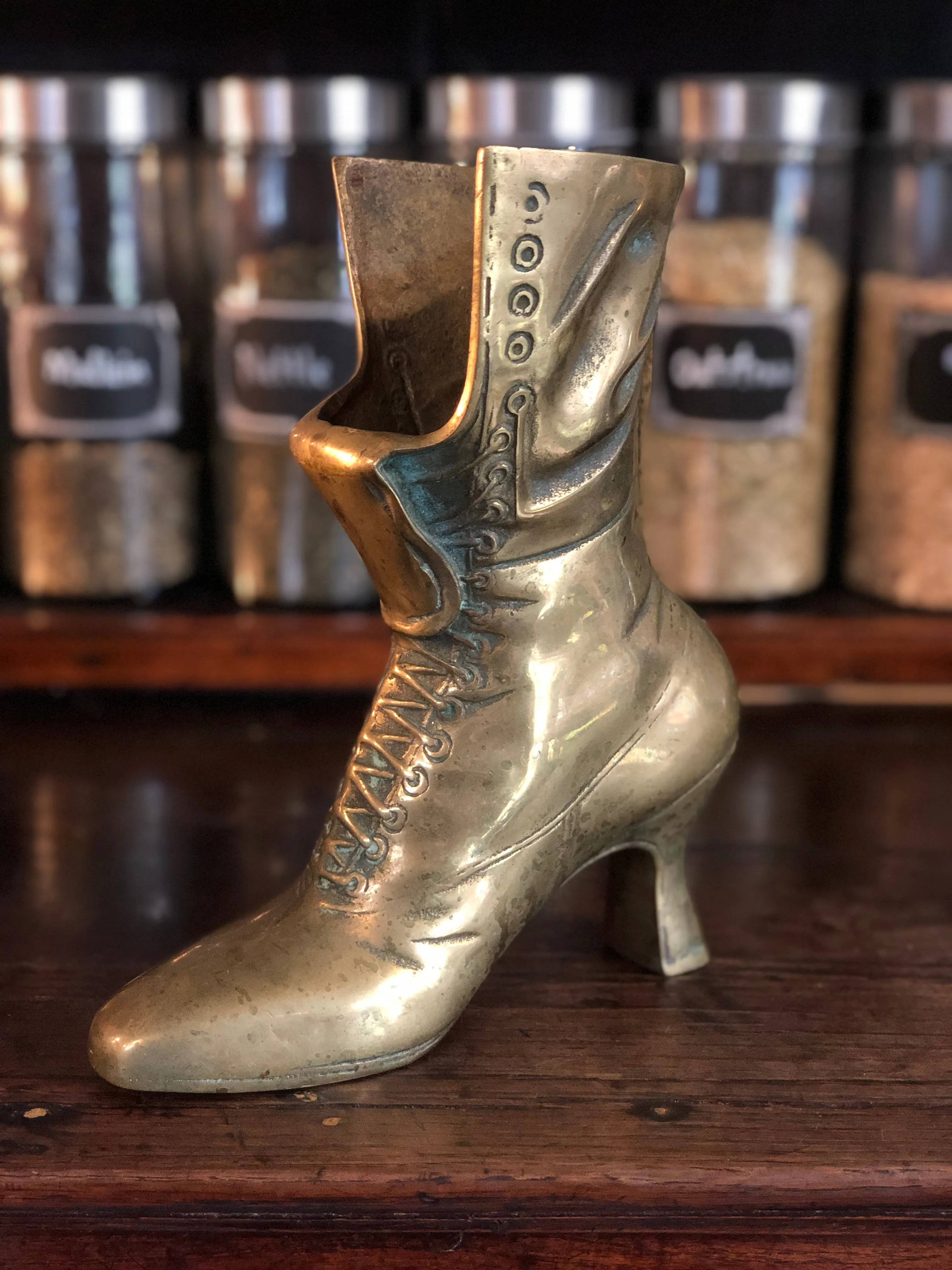 Vintage Brass Heavy Boot - Victorian / Edwardian lace up style - Vase